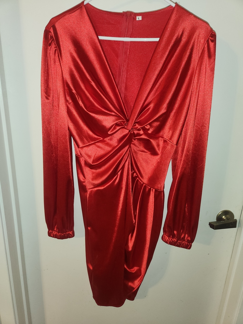 Red Satin Twist-Front Long Sleeve Dress
